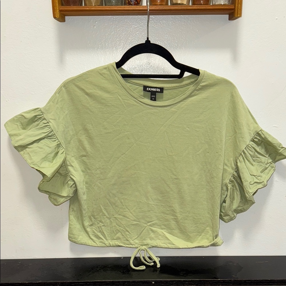 Express Women's Green Ruffle Sleeve Top